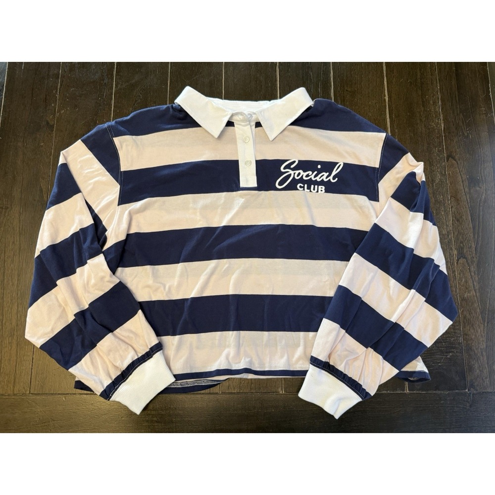 Peanuts Social Club Cropped Rugby Women's XL Snoopy Navy White Stripe